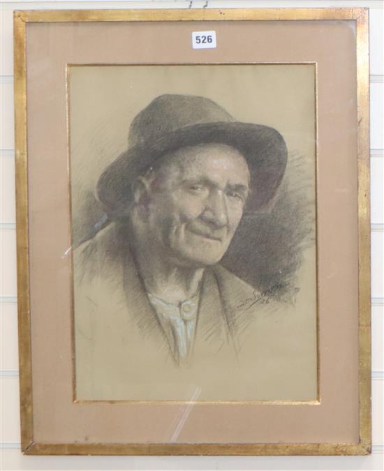 Constant Simon, coloured chalk, Portrait of an Italian man, signed and dated 26, 45 x 33cm